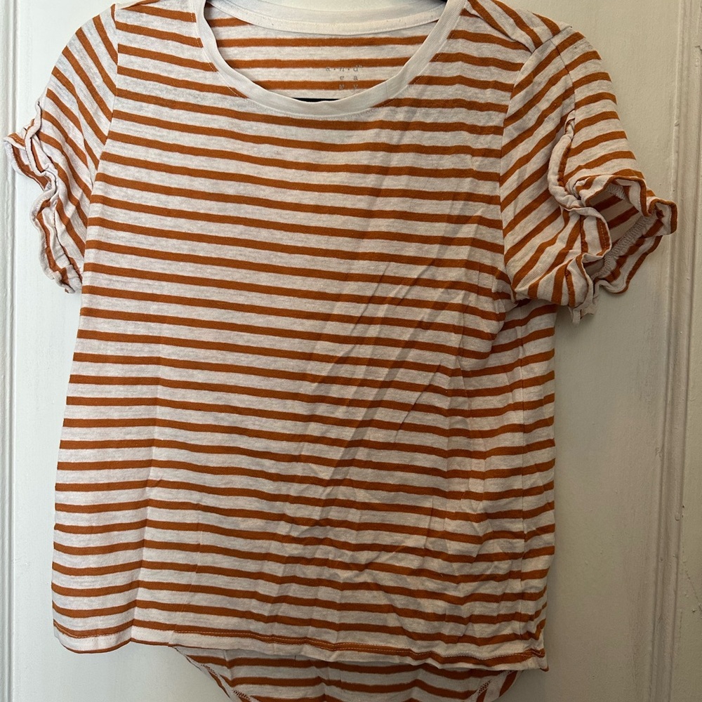 Striped Ruffle Sleeve Top - Orange and White